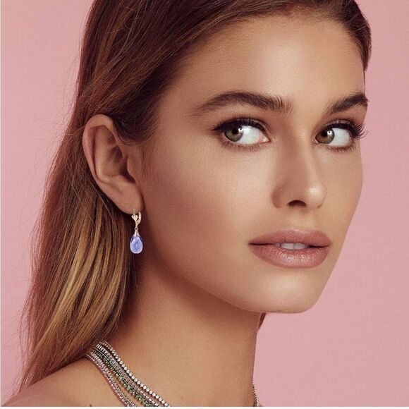 14K Yellow Gold with Tanzanite Austrian Crystal Teardrop Leverback Drop Earrings - Picture 3 of 5